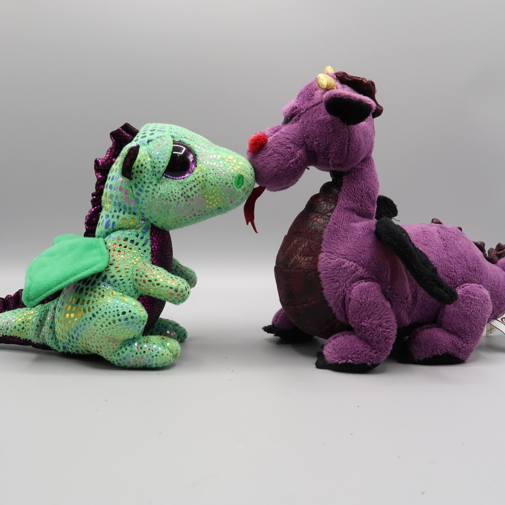 Ganz Webkinz Emperor Dragon Plush Purple & TY Cinder Green Dragon Couple Lot of